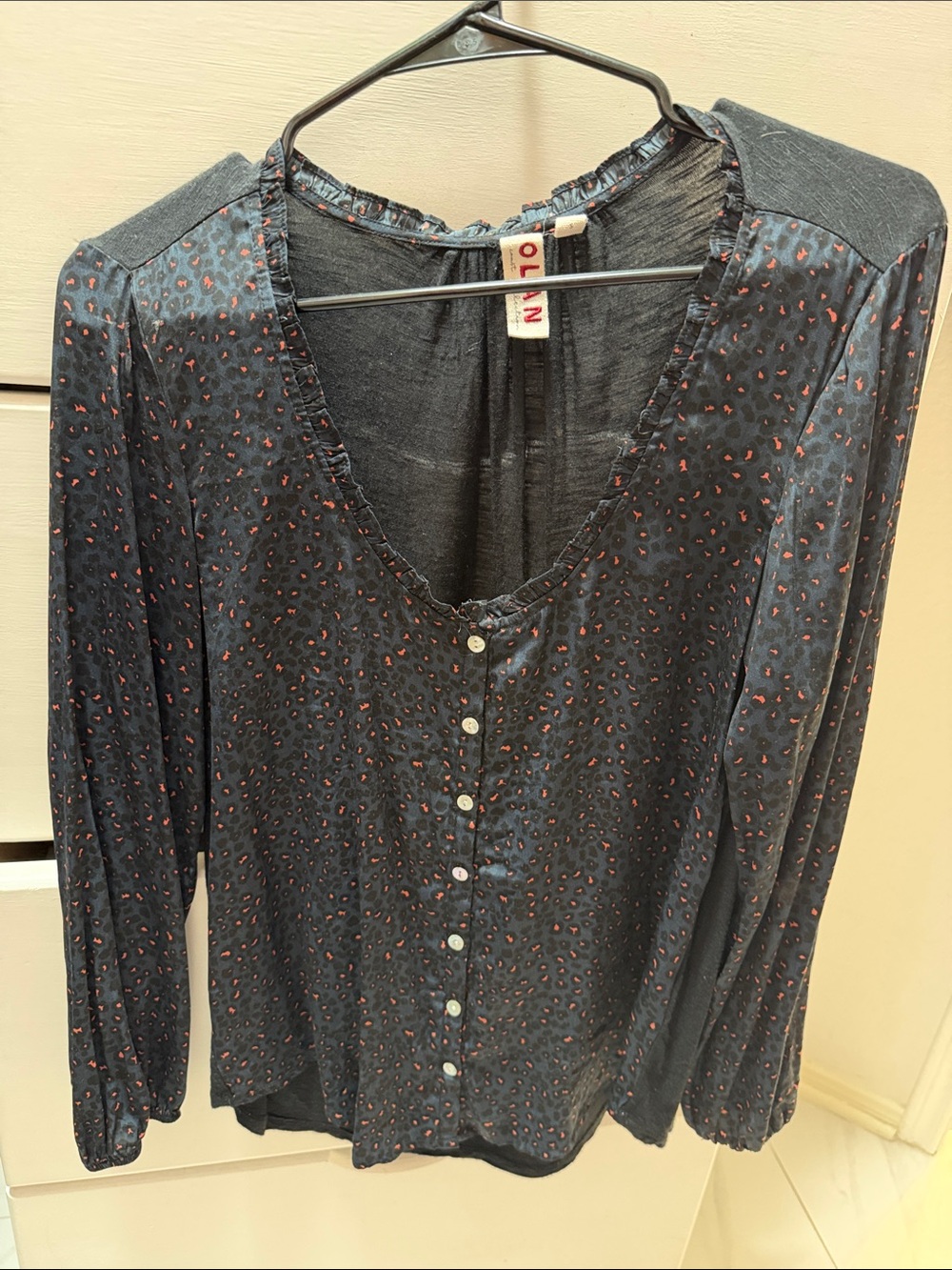 Anthropologie Navy Button-Down Blouse with Red Microprint